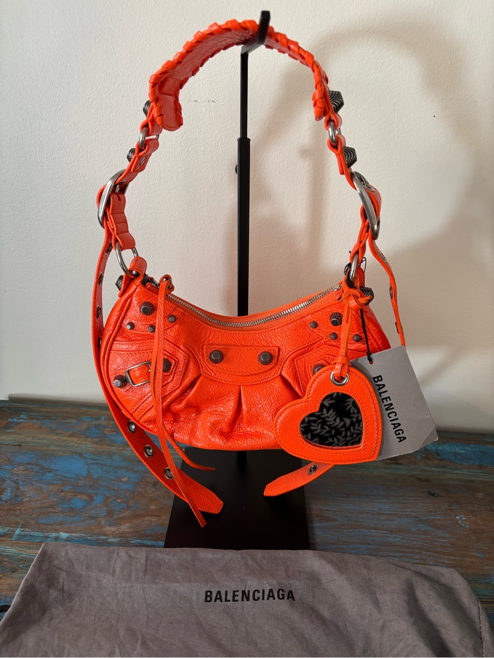 Balenciaga Orange Pebbled Leather Shoulder Bag with Heart Charm